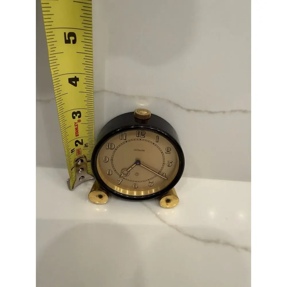 Vintage LeCoultre Swiss Mechanical Desk Table Clock Black Gold Tone Working